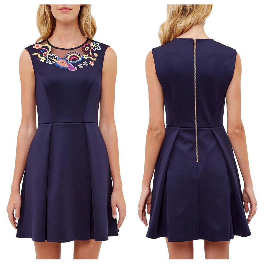 Ted Baker Navy Blue Embroidered Dress XS